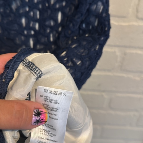 Reiss dress navy Blue Textured lined open knit size 6 cap sleeve - Picture 5 of 5